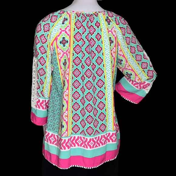 Multiples Boho Top Long Sleeve Multicolor Moroccan Print Size S 100% Ray… - Picture 13 of 15